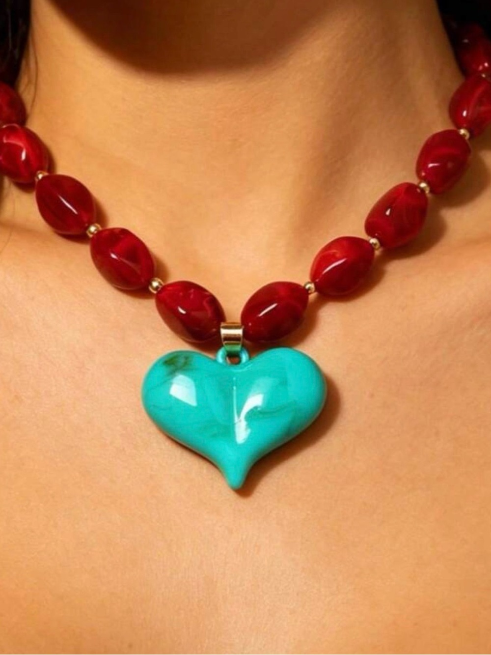 Red Bead Necklace with Turquoise Heart Pendant - Women's Jewelry